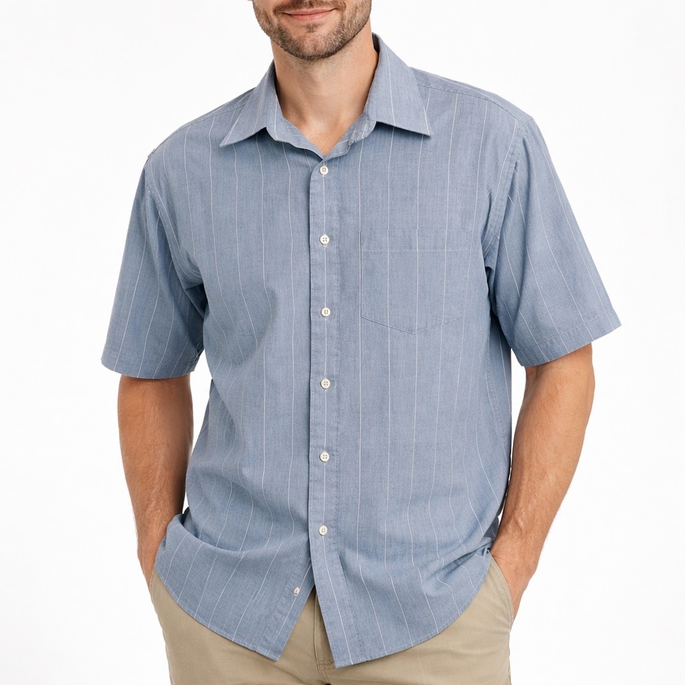 VTG John Weitz Mens 80s Button Down Short Sleeve Shirt Blue Pinstripe Relaxed L